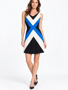 Escada Blue Black White Geometric Colorblock Dress EU 34 US 4